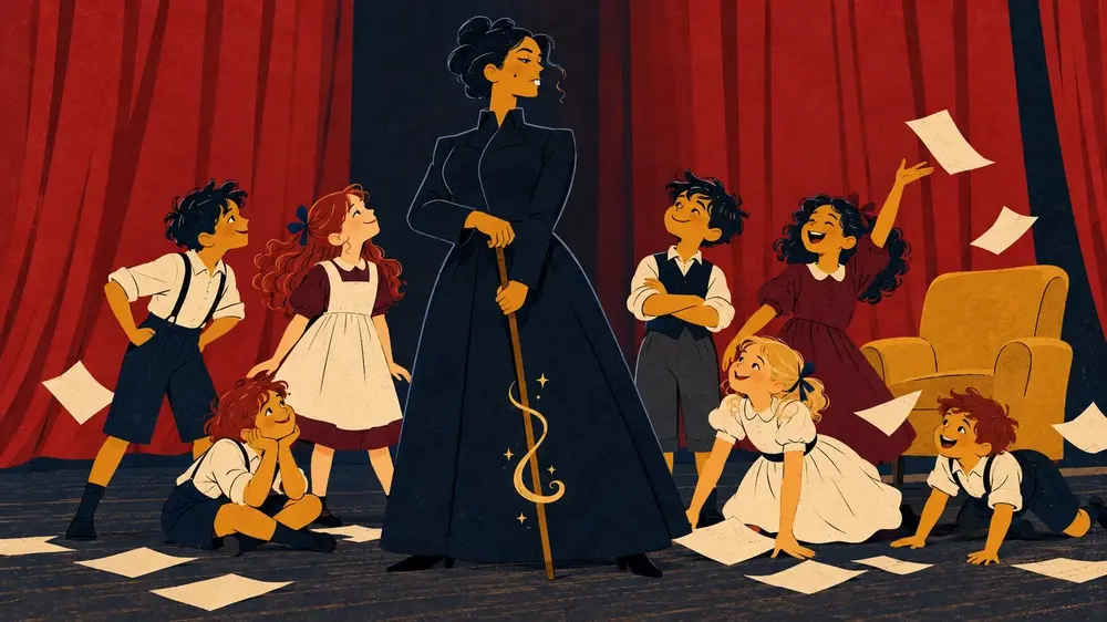 Ilustração inspirada no universo de “Nanny McPhee”: a babá de bengala cercada pelas crianças, num palco. A adaptação musical estreia em Londres em novembro de 2027, e a imagem não retrata a montagem anunciada.