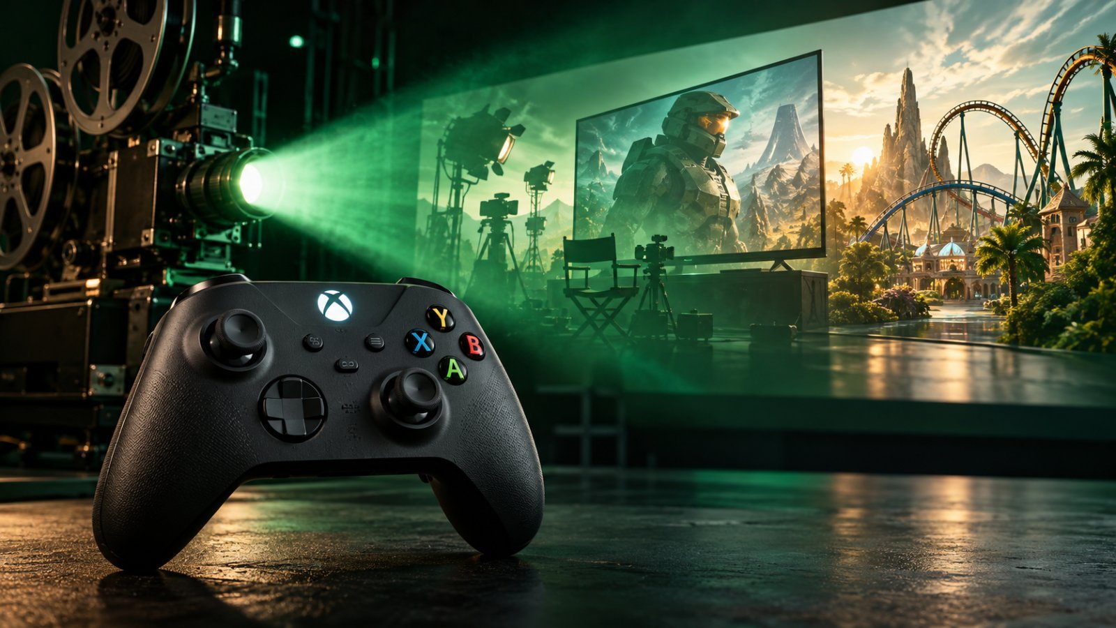 Ilustração conceitual sobre a expansão das franquias Xbox para cinema, televisão e atrações.